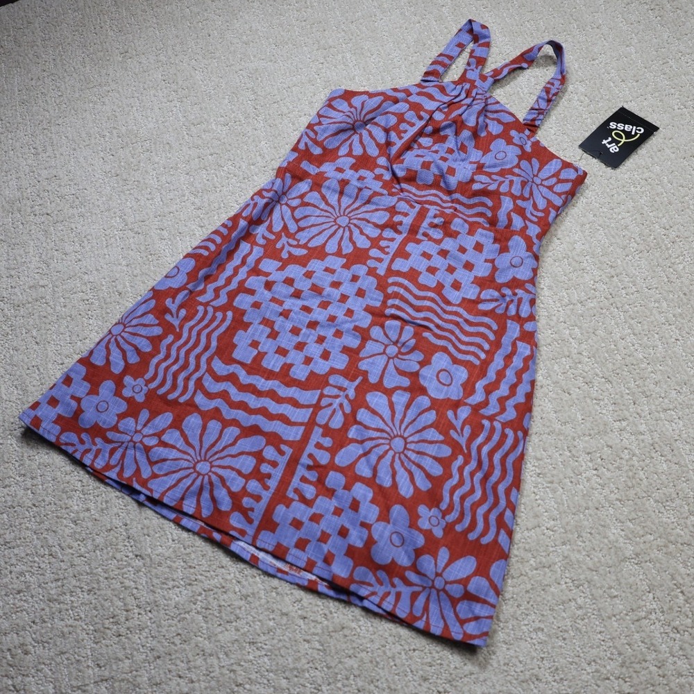 Art Class Girls Red Purple Floral Geometric Halter Dress Size M 8 NWT